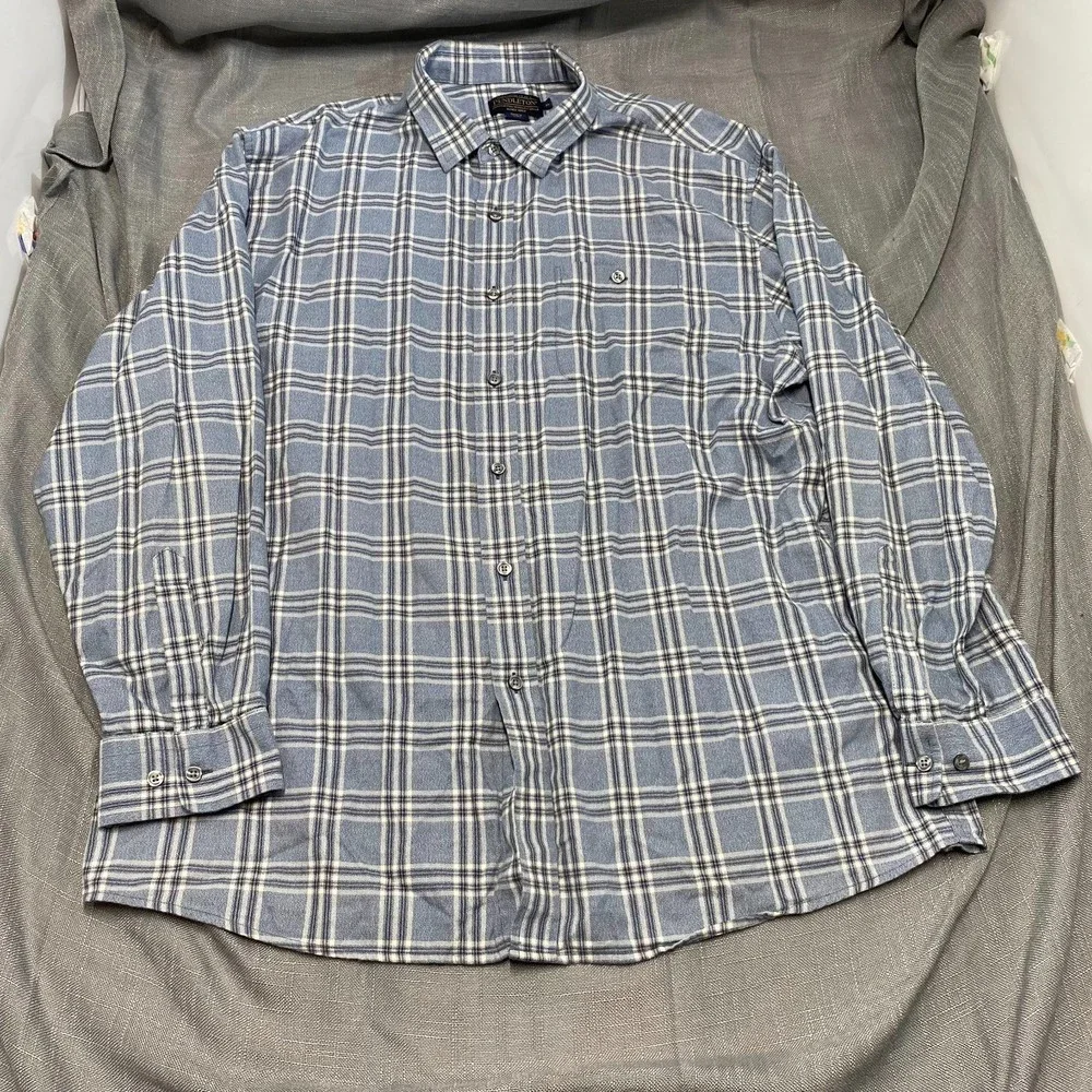 Pendleton Mens  Button Up Shirt Blue Plaid Long Sleeve Flap Pockets Top XL - Picture 2 of 8